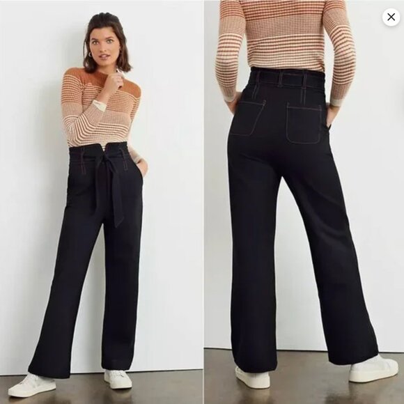 Anthropologie Maeve Irina Ponte Black Wide Leg Belted Paper Bag Pants NWT - Picture 1 of 11